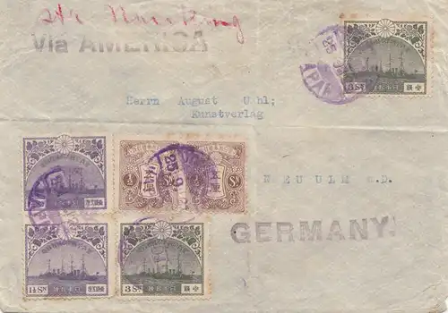 Japon post card 1921: letter to Germany via America