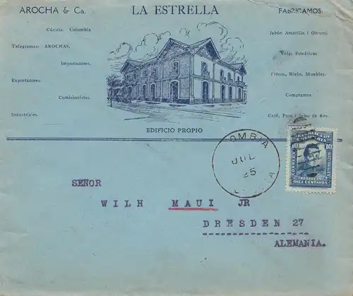 Colombia 1925: La Estrella - letter to Dresde