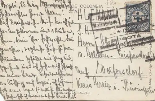 Colombia 1928: post card Bogota, Costado Oriental, to Wolfersdorf/Thüringen