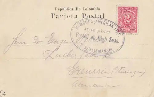 Colombia post card Barranquilla via Hambourg-American ligne, High Sea Posted