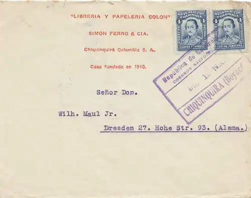 Colombia 1930, letter Chiquinquira to Dresde