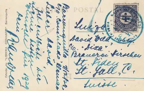 Colombia 1928: post card Barranquilla to St. Gallen
