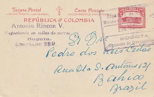 Colombia 1929: post card Bogota to Bahia/Brazil