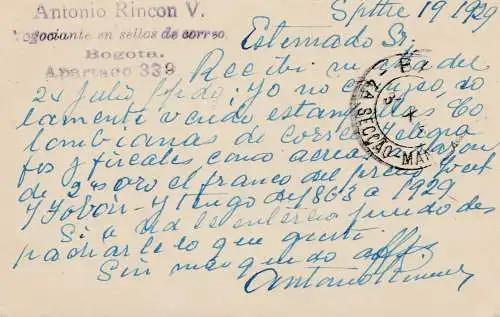 Colombia 1929: post card Bogota to Bahia/Brazil