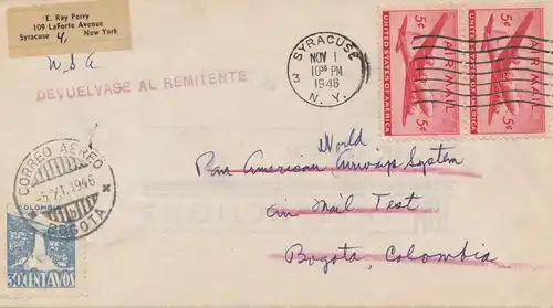 Colombia 1946: letter Bogota to Syracuse, back to sender