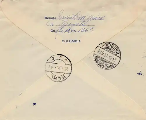 Colombia 1931: Registered Bogota to Freiburg/Germany