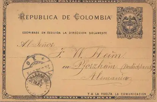 Colombia 1898: post card Abril to Pforzheim