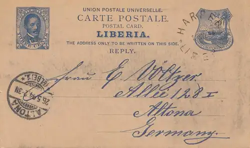 Liberia: 1894_ post card Harper to Altona