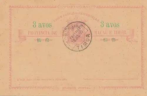 Macau post card 3 avos, 1895 Timor - unused