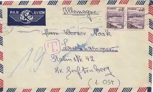 Maroc 1953: air mail Fes to Lauchhammer, Tax