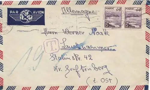 Maroc 1953: air mail Fes to Lauchhammer, Tax