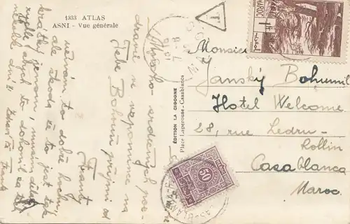 Maroc 1942: post card Asni to Casablanca, TAX