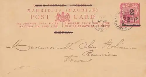 Mauritius: 1902: post card, local Tarif, to Vacoas/Mautitius