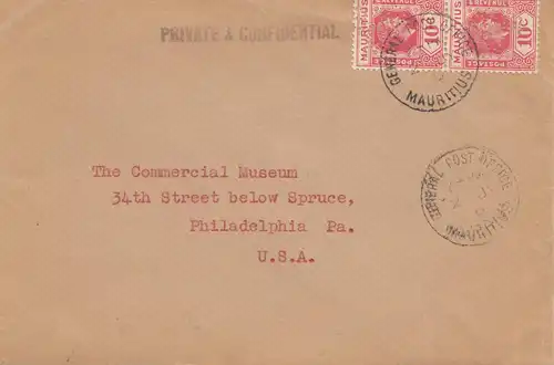 Mauritius: 1908: Port Louis to Philadelphia, privat & confidential, Perfin