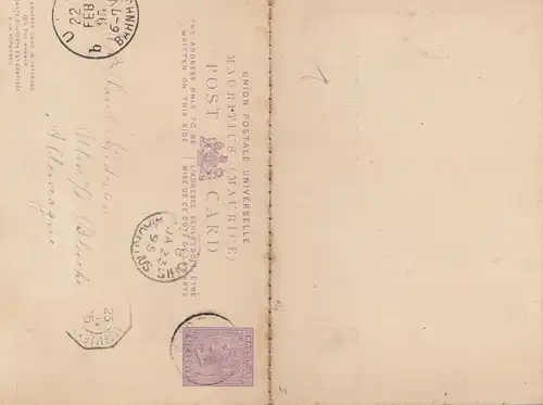 Maurice: 1895: post card to Ulm/Germany