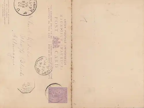 Mauritius: 1895: post card to Ulm/Germany