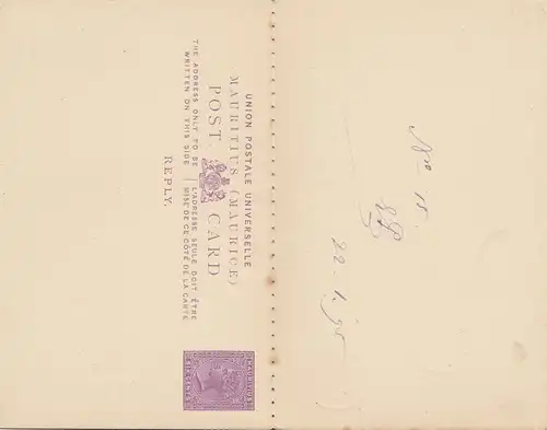 Mauritius: 1895: post card to Ulm/Germany