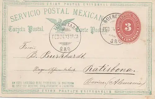 Mexique 1893: post card Querez to Ratisbona/Regensburg
