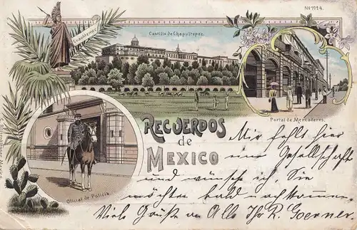 Mexico old colored post card to Vilshofen - address part extra paper?