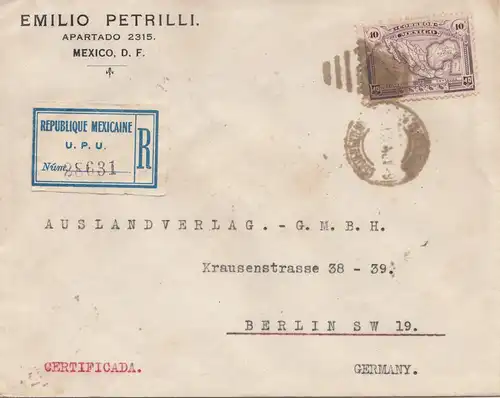 Mexico 1922: Registered letter to Berlin