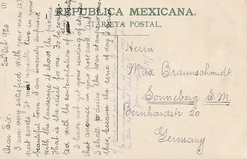 Mexico 1920: post card Popocatepetl to Sonneberg/Germany
