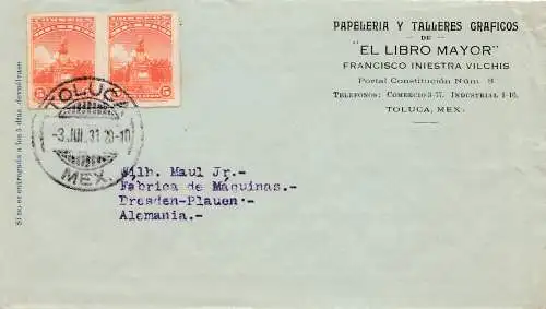 Mexico 1931: letter Toluca to Dresden/Plauen, Publicity, El Libro Mayor