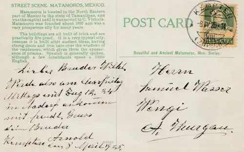 Mexico 1925: post card Matamoros used in Switzerland