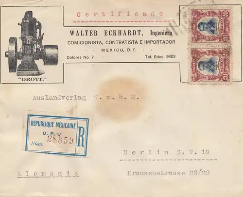 Mexico 1922: Registered letter MEXico to Berlin