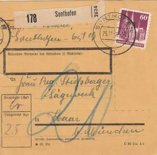 BiZone Paketkarte 1948: Sonthofen an Sägewerk Haar/München