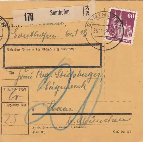 Carte de paquet BiZone 1948: Scierie de Sunhofen Cheveux/Munich