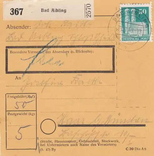 Carte de paquet BiZone 1949: Bad Aibling par cheveux/Munich