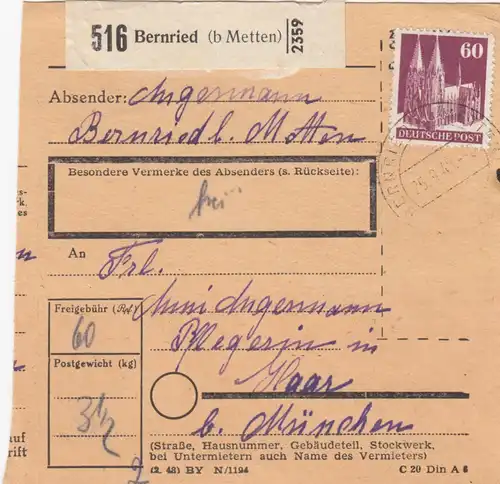 BiZone Paketkarte 1949: Bernried nach Pflegeheim Haar