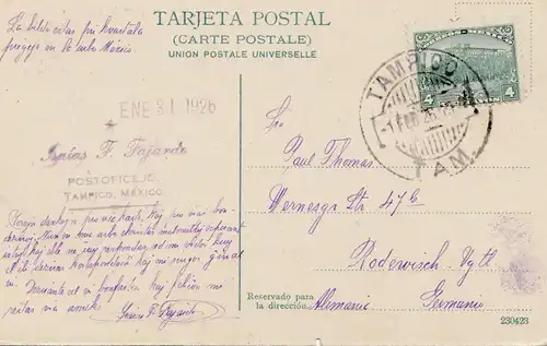 Mexico 1926: post card Tampido to Rodewisch/Germany
