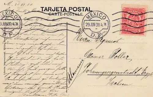 Mexico 1908: post card Mexico city Avenida Juarez to Johanngeorgenstadt