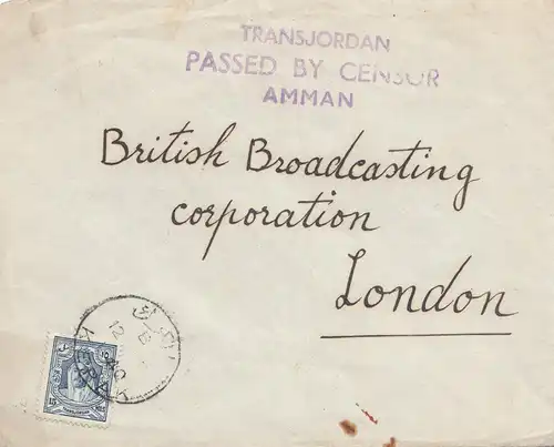 Jordan:  Kerak to London, Transjordan Passe by Censor