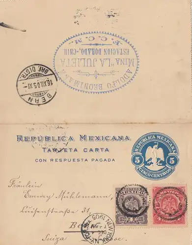 Mexique 1905: Post card via New York to Berne/Switzerland