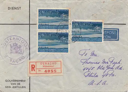 Antilles néerlandaises 1954: Gouvernement enregistré Curaçao to Philadelphie/USA