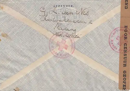 Ned. Indie 194x: air mail Malang to Red Cross/Croix Rouge Geneve/Suisse; censor