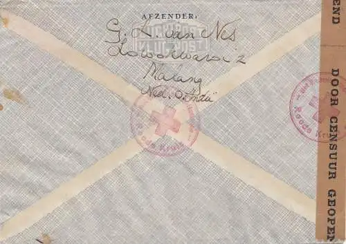 Ned. Indie 194x: air mail Malang to Red Cross/Croix Rouge Geneve/Suisse; censor