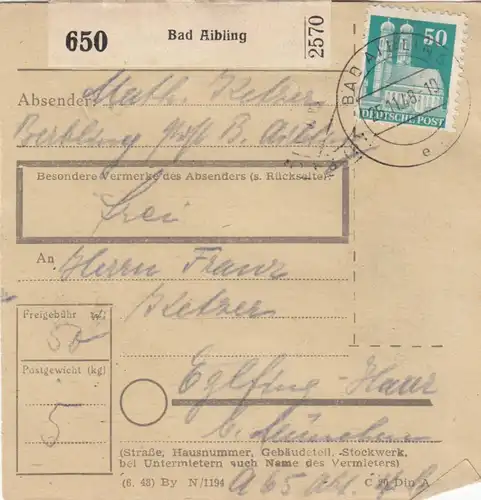 Carte de paquet BiZone 1948: Bad Aibling vers Eglfing-Haar