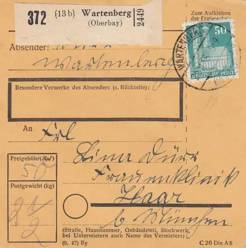 BiZone Paketkarte 1948: Wartenberg nach Haar, Frauenklinik