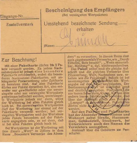 Carte de paquet BiZone 1948: Nördlingen selon Eglfing-Haar, mentions spéciales: exemption