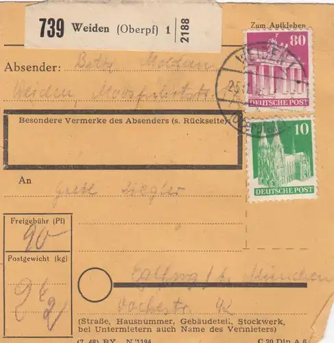 BiZone Paketkarte : 1948 Weiden nach Eglfing-Haar
