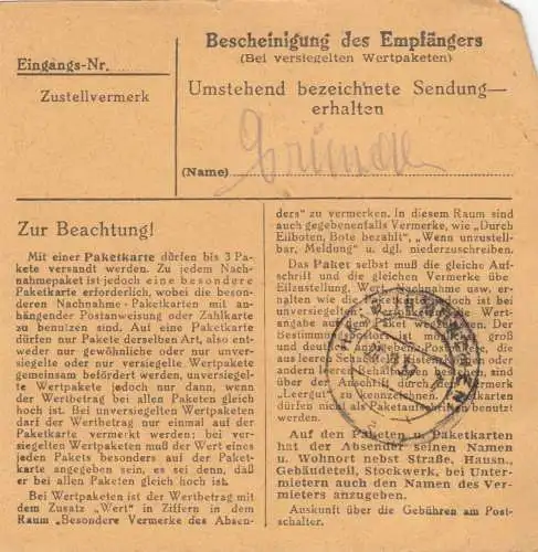 BiZone Paketkarte : 1948 Weiden nach Eglfing-Haar