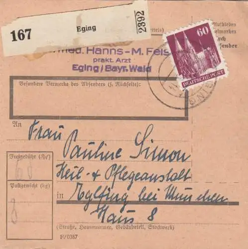 BiZone Paketkarte 1948 : Egin nach Eglfing, Heil- und Pflegeanstalt