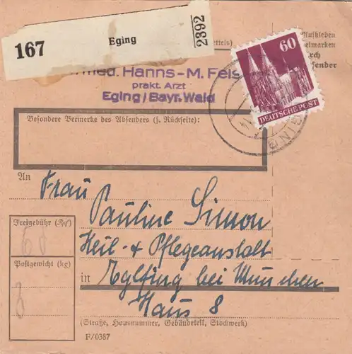 Carte de paquet BiZone 1948: Egin vers Eglfing, centre de soins et de santé