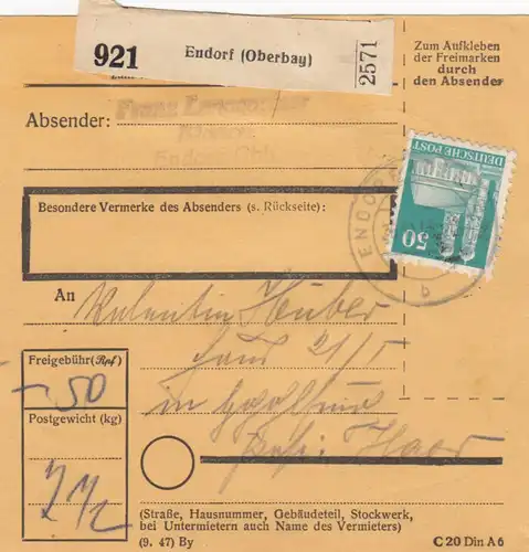 BiZone Carte de paquet 1948: Endorf, boulangerie Langgartner, selon les cheveux: Tampon 1937 !!