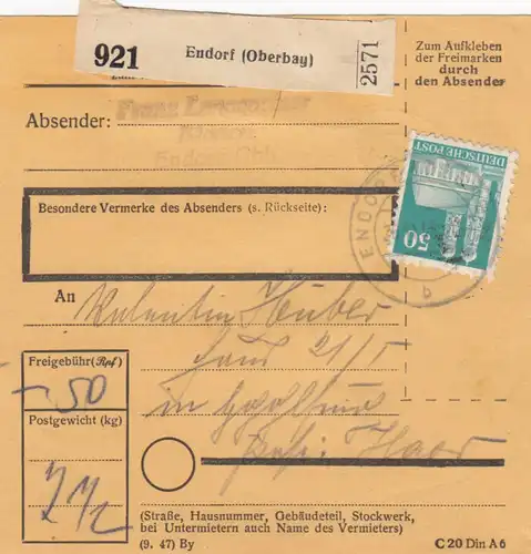 BiZone Paketkarte 1948: Endorf, Bäckerei Langgartner, nach Haar: Stempel 1937 !!