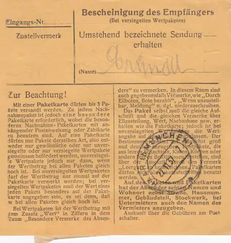 BiZone Carte de paquet 1948: Endorf, boulangerie Langgartner, selon les cheveux: Tampon 1937 !!