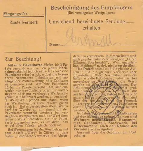 BiZone Paketkarte 1948: Endorf, Bäckerei Langgartner, nach Haar: Stempel 1937 !!